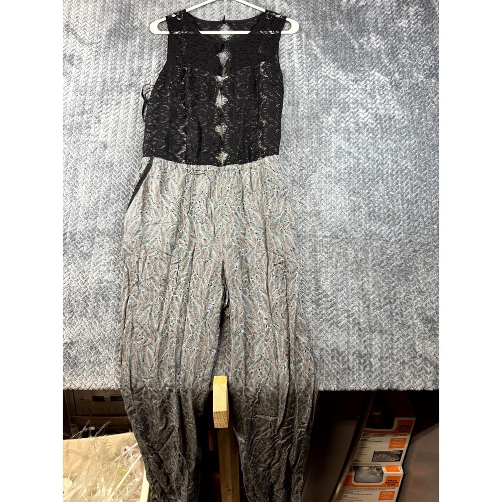 Anthropologie Elevenses Jumpsuit Womens 12 Black Gray Lace‎ Details Sleeveless